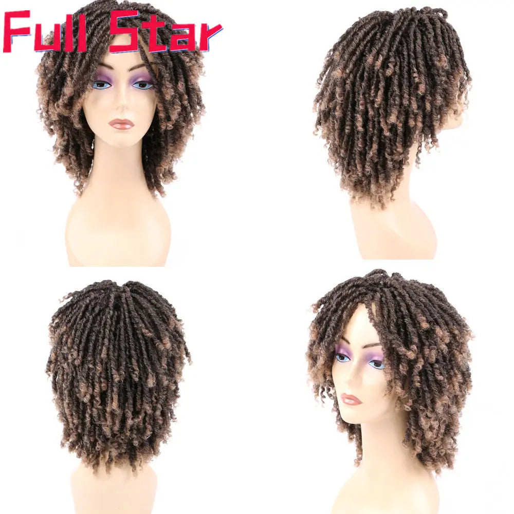Full Star 14“ Dreadlock Curly Wigs for Black Woman Ombre Burgundy Brown Color Short Curly Soul Locs Braids Wigs Party Daily Use