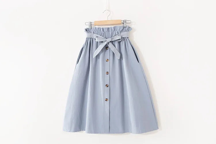 Women Summer Midi Skirt Girls Elegant Solid High Waist Spring Casual Single-Breasted Sashes Office Ladies A-Line Cotton Skirt