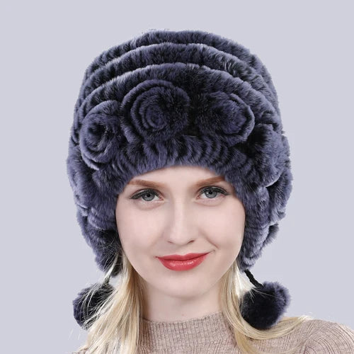 Hot Sale Winter Women Flowers Striped Natural Real Rex Rabbit Fur Hats Lady Warm Knit Genuine Fur Caps Russian Outdoor Fur Hats