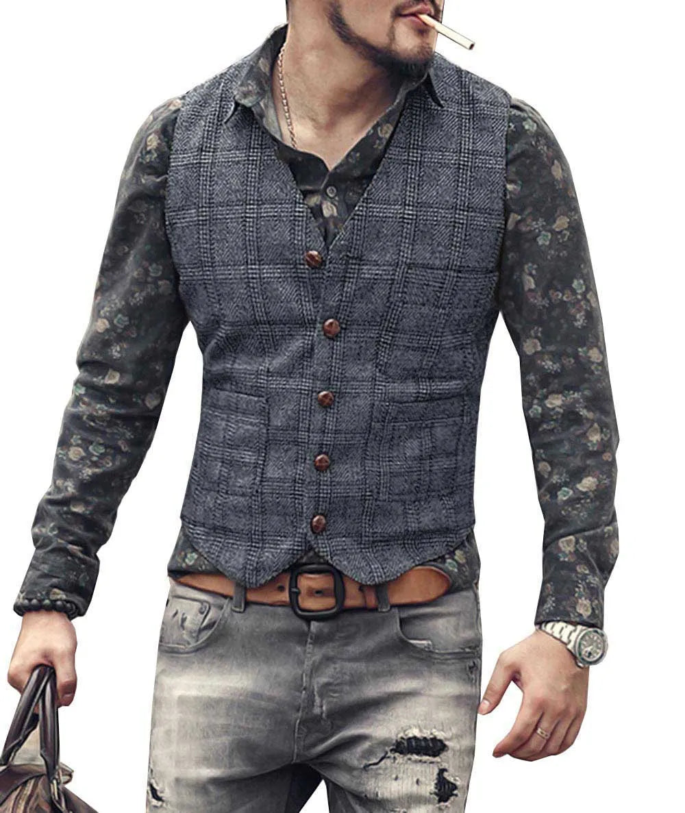 Mens Vintage Business Vest Plaid Classic Coat Tweed Slim Fit Formal Waistcoat for Wedding Groomsmen