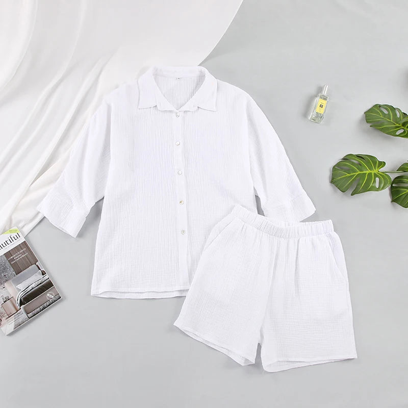 Cotton Pajamas For Women Sets Suit Casual Sleepwear Turn-Down Collar Nine Quarter Sleeve Sleep Tops Shorts Female Homewear 2023