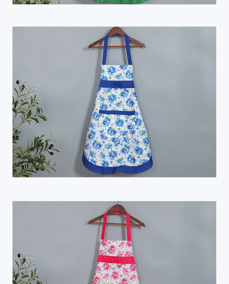 Oil-proof Cooking Apron for Women Adjustable Kitchen Cooking Coffee Shop Flower Printed Bowknot Cleaning Aprons with Pocket