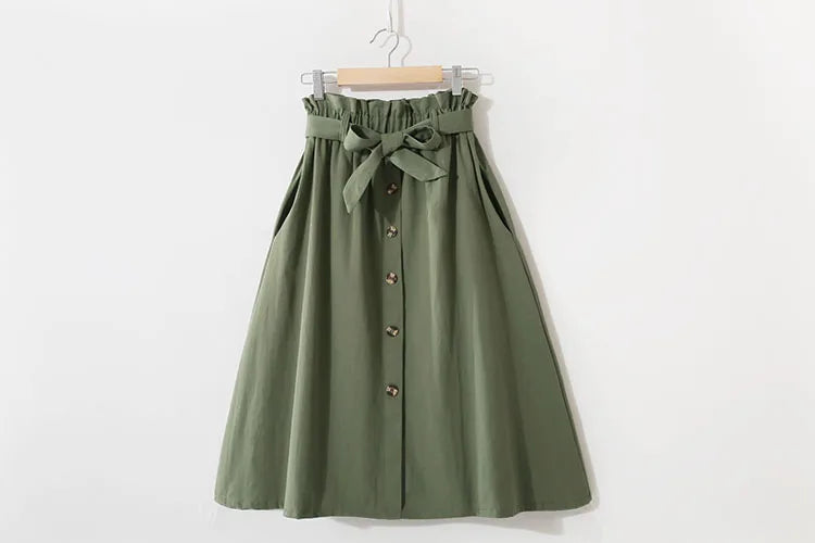 Women Summer Midi Skirt Girls Elegant Solid High Waist Spring Casual Single-Breasted Sashes Office Ladies A-Line Cotton Skirt