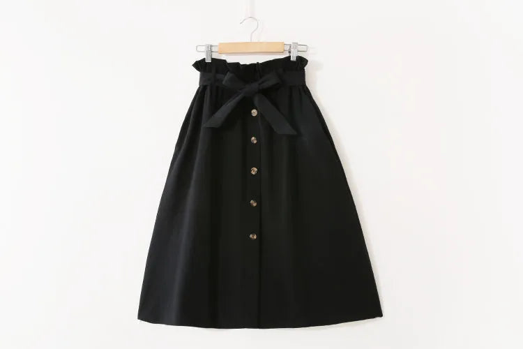 Women Summer Midi Skirt Girls Elegant Solid High Waist Spring Casual Single-Breasted Sashes Office Ladies A-Line Cotton Skirt