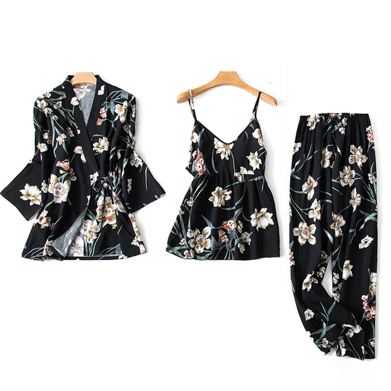 Women Sexy Pajama Sleepwear Sets Floral Printed Pyjama Femme Robe for Ladies Home Suit Spring Summer Nightwear Pijama 3 Pieces