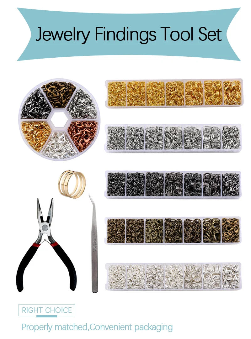 A Set Jewelry Findings Tool Set Open Jump Rings,Jewelry Pliers, Lobster Clasps hooks, jewelry tweezers Jewelry Making Supplies