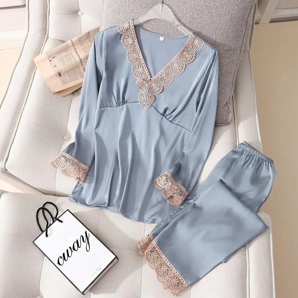 Conjunto de pijama de satén sedoso para mujer, manga larga, ropa de dormir casual, loungewear, rayón, 2 piezas para el hogar