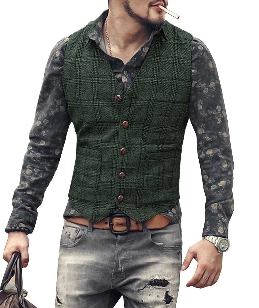 Mens Vintage Business Vest Plaid Classic Coat Tweed Slim Fit Formal Waistcoat for Wedding Groomsmen