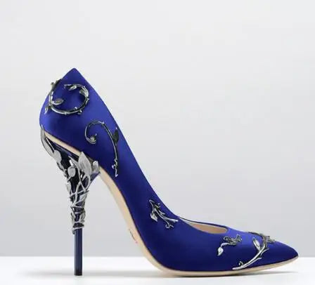 Luxury Leaves Metal Heel Pumps Women Shoes Pointed Toe Blue White Pink Black Silk Stiletto High Heels Wedding Bride Shoes 10cm