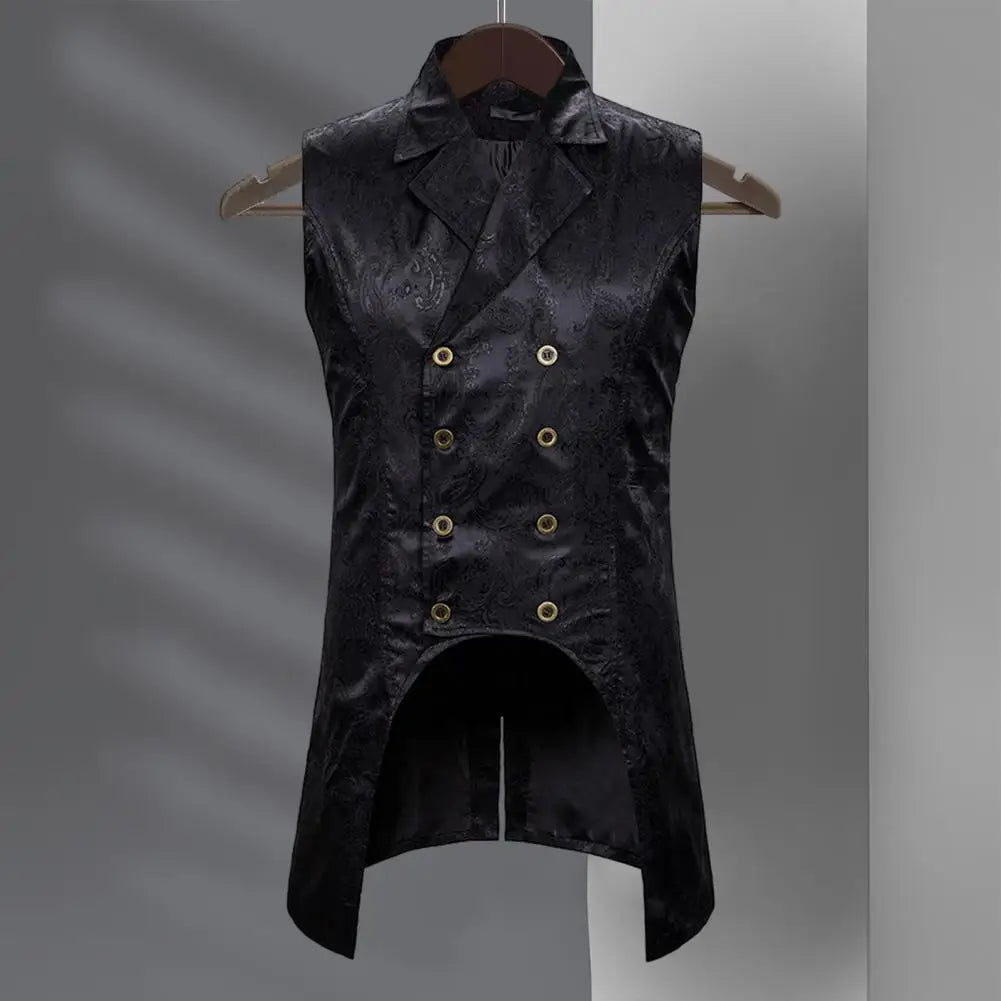 Men Vest Retro Sleeveless Slim Fit Mid Length Vest Lapel Double-breasted Split Hem Loyal Gentlemen Medieval Waistcoat