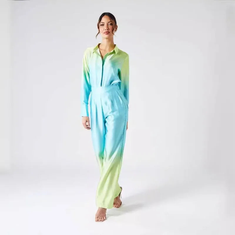 Elegant Women Two Piece Pants Set Casual Fashion Loose Long Sleeve Shirt Top High Waist Wide Leg Pants Suit Outfits Tracksuit