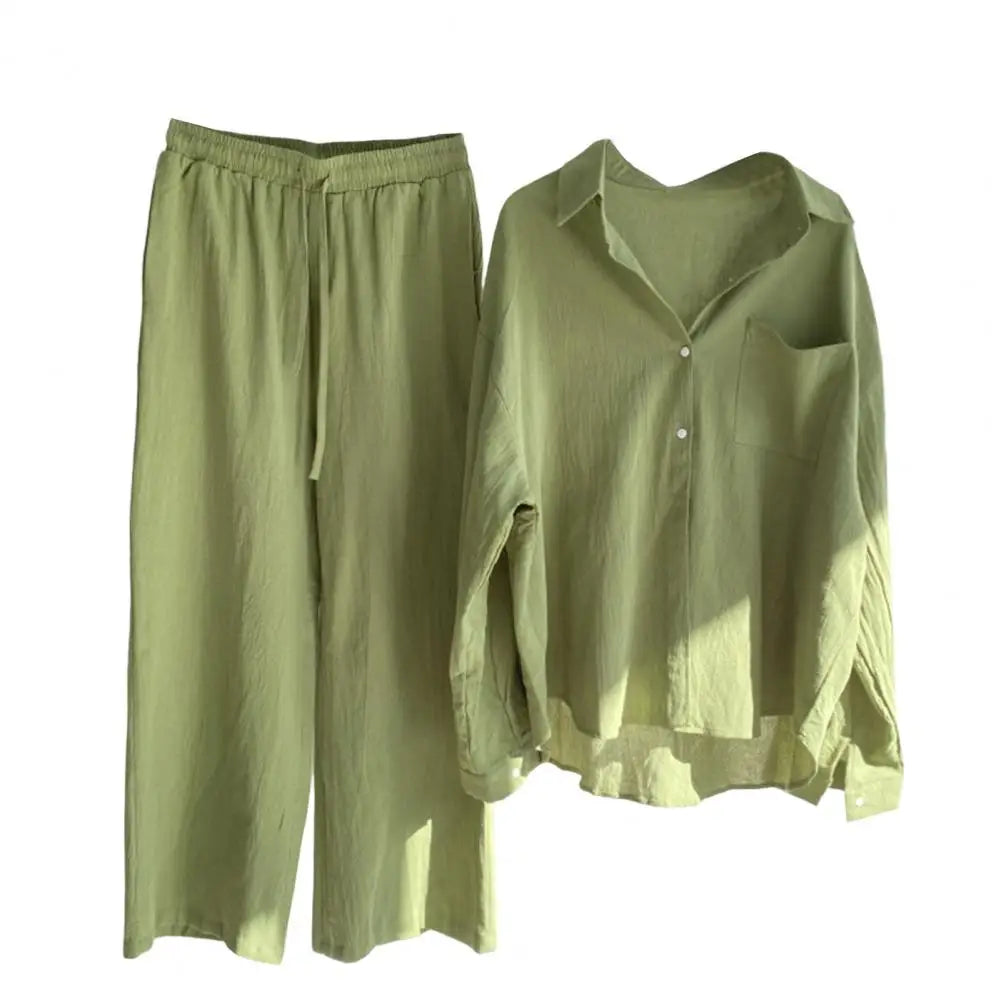 2 Pcs/Set Fabulous Women Blouse Trousers Set Turn-down Collar Women Tops Pants Suit Drawstring Two Pieces