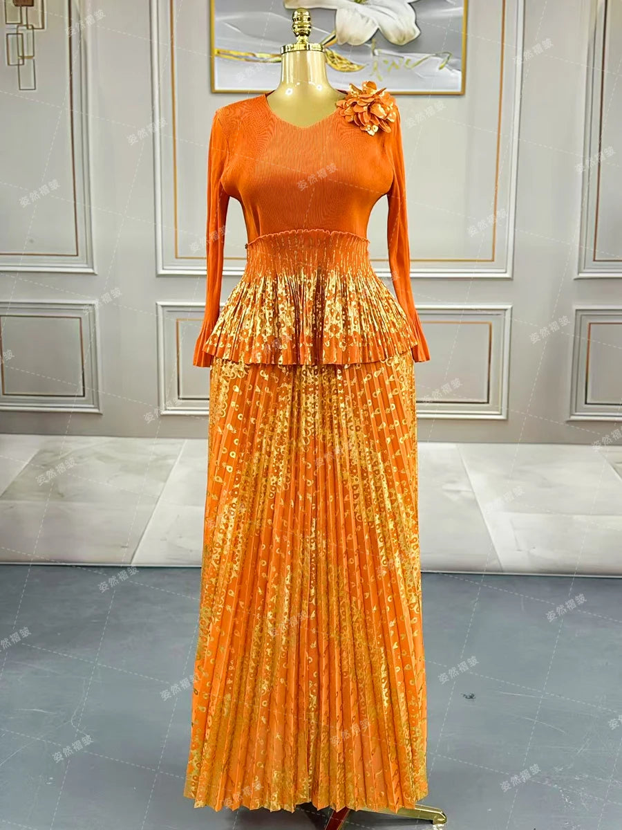 Luxury Women Chic Evening Dresses Formal Ball Gowns Elegant Party Miyake Pleated Long Sleeve Dress Female Plus Size Clothes