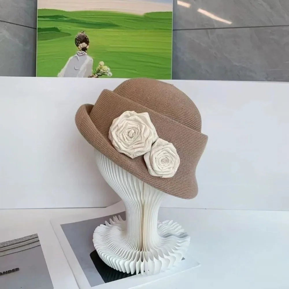 Vintage French Style Camellia Flower Cap Curl Brim Hepburn Floral Bowler Hat Elegant British Women's Formal hat Lady
