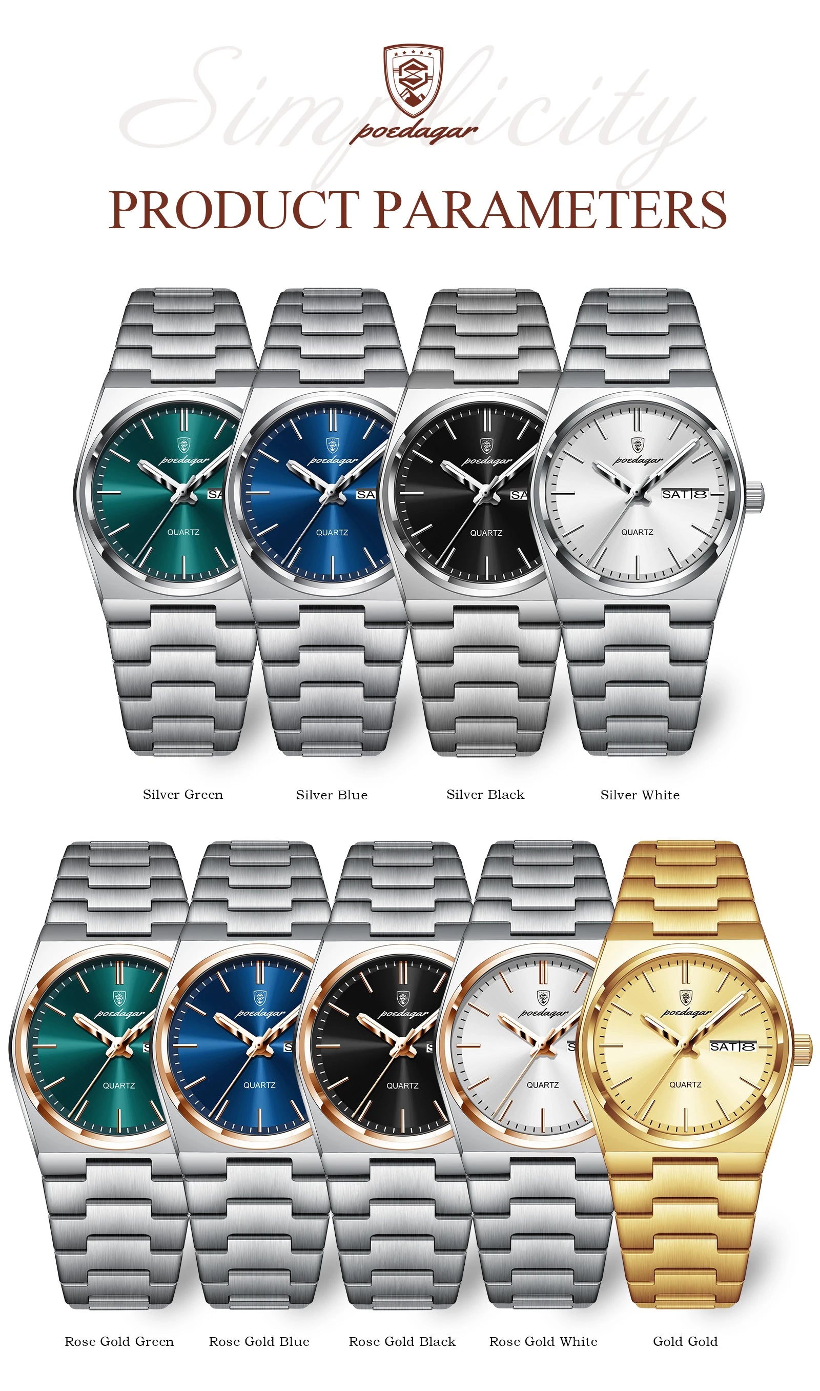 POEDAGAR Elegant Watches For Women Waterproof Luminous Date Week Ladies Watch Quartz Stainless Steel Woman's Fashion Wristwatch