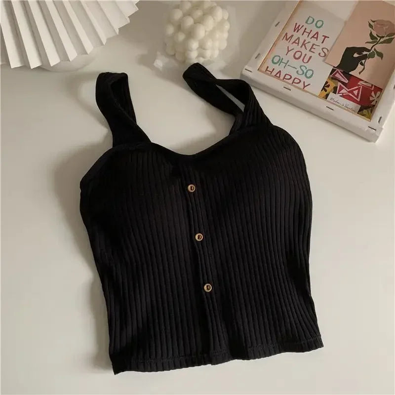 Women's Cropped Tops with Bra Pads Summer 2025 Corset Korean Suspenders Vest Sexy Slim Camisole