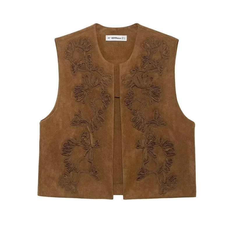 Embroidered Vests For Women Fashion Suede Elegant Sleeveless Coat Short Vest Streetwear Casual Chic Waistcoat Top