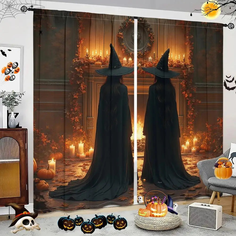 2pcs- Halloween Witch Magic Print Curtains, pole bag home decoration, room decoration