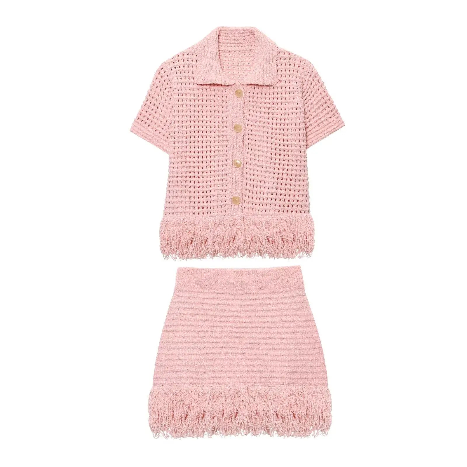 HipSeam Fringed Check Knit Skrts Sets Short Sleeved Lapel Button Tops Sexy Hip High Waist Skirts 2 Piece Set Women's Outfits
