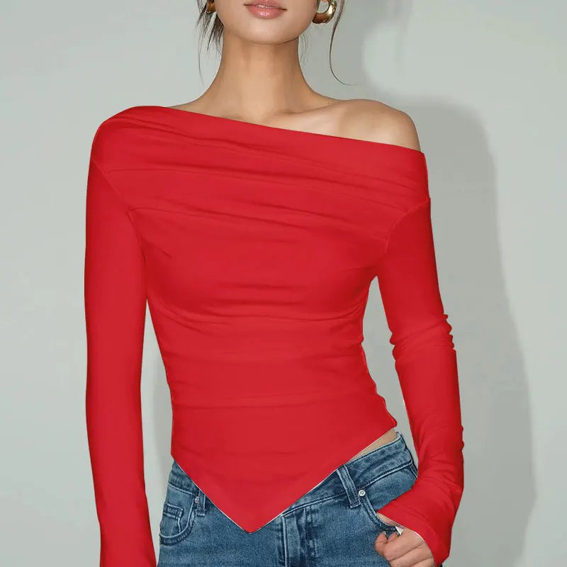 Autumn New T-shirt Red Sexy Women Top Off Shoulder Slim Tees Long Sleeves Streetwear Pullover Asymmetrical Lady Knitted T-shirt