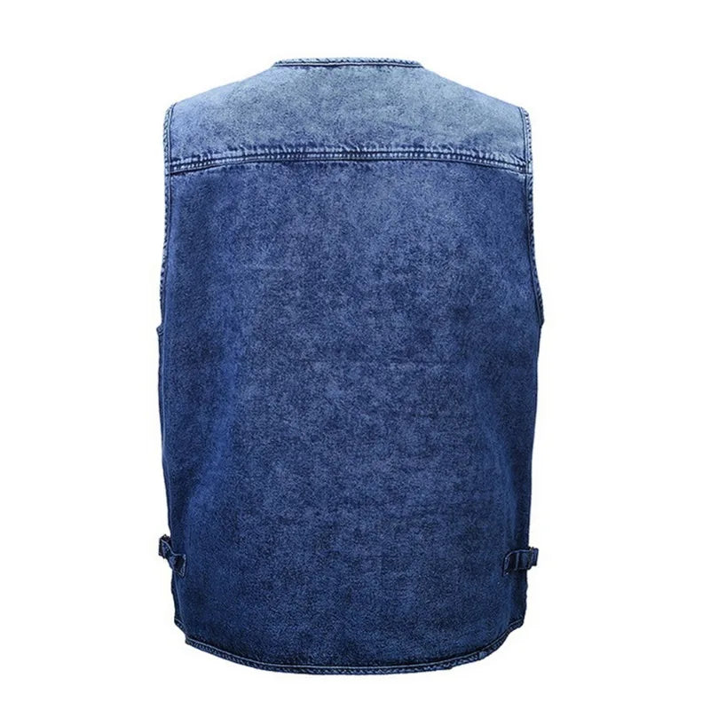Men's Vest Coat Dark Bluemulti-pocket V-neck Fishing Sleeveless Coat Truck Driver Bicycle Denim Jacket Mountaineering Vest