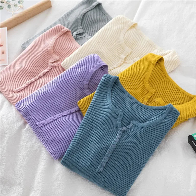 Korea Autumn Winter Button V Neck Sweater Women Basic Slim Pullover Women Sweaters And Pullovers Knit Jumper Soft Warm Tops
