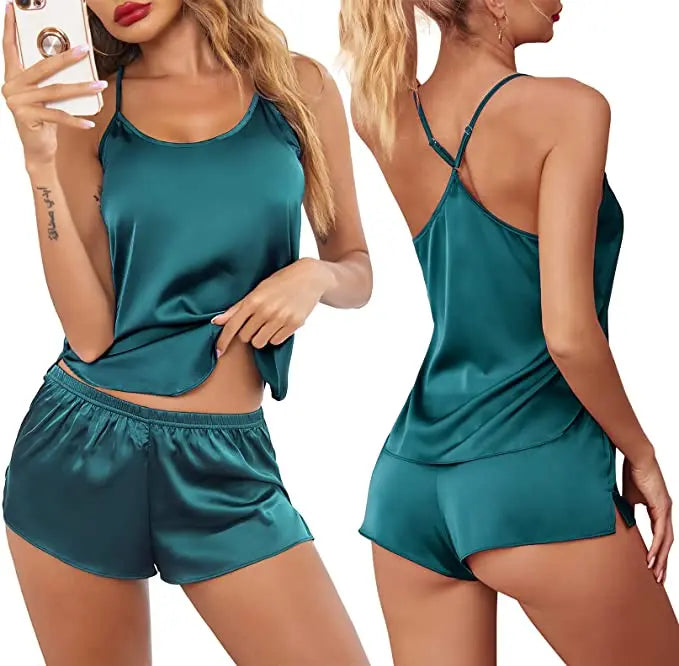 Conjuntos de pijama de satén y encaje sexy para mujer, ropa de dormir, tops sin mangas + pantalones cortos, conjuntos de 2 piezas de pijama para mujer