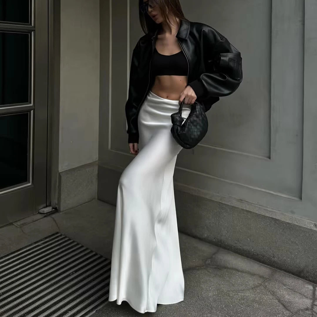 Elegant Satin Midi Slip Skirt with Side Zipper – Smooth & Flowing Fit for Versatile Styling