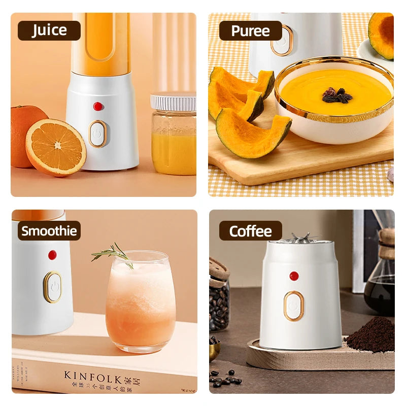 Exprimidor eléctrico portátil, 450 ml, carga rápida USB, 10 cuchillas, diseño de doble vaso, apto para batidos/zumos/licuados