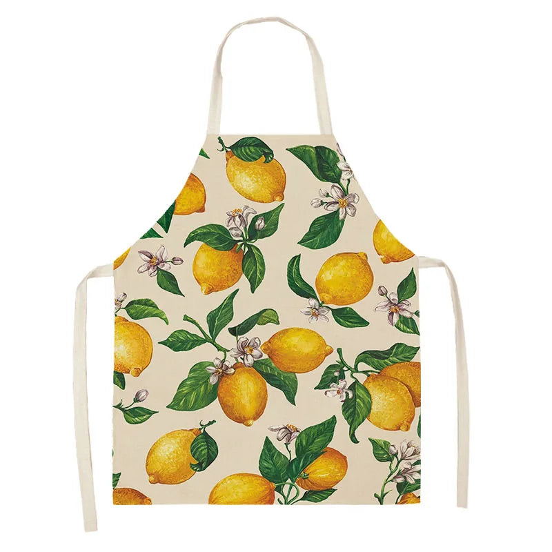 Delantal de cocina para mujer, para cocinar, limpieza del hogar, algodón, lino, estampado de frutas y limón, diseño característico