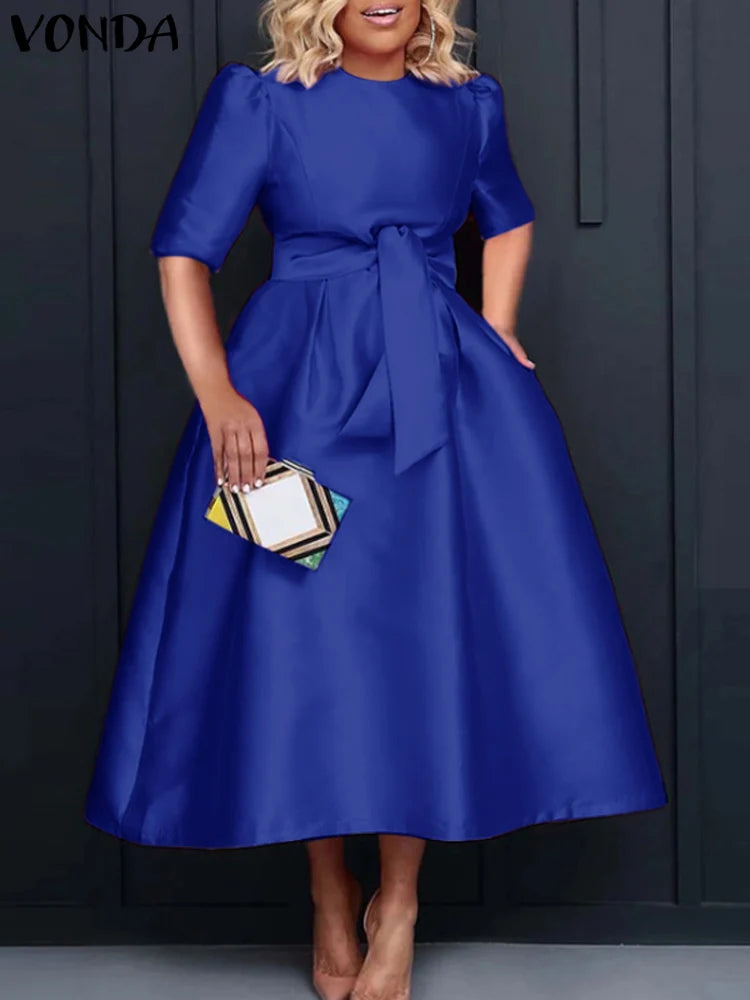 VONDA Elegant Women Satin Short Sleeve Midi Dress Summer Vestidos Casual Belted Loose Solid Color Long Sundress Oversized