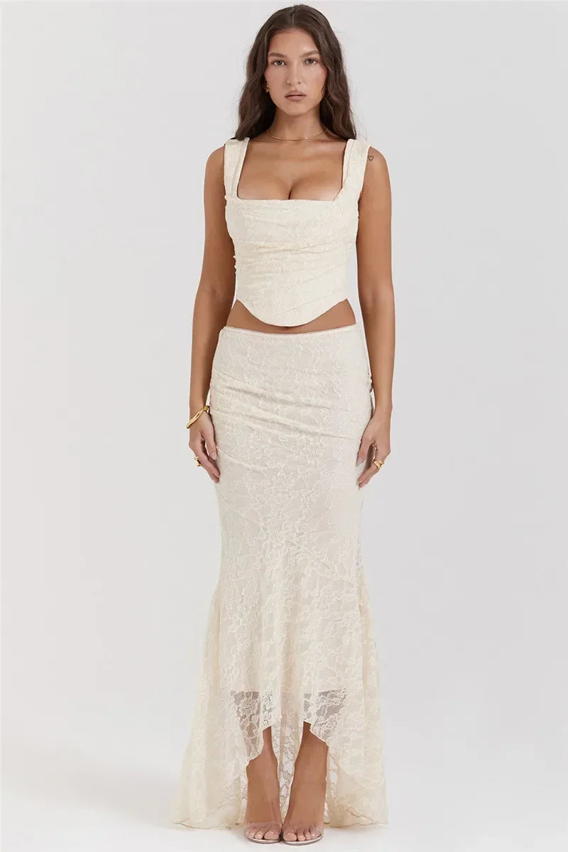 Lace Bandage 2 Piece-Set Long Skirt Female Patchwork Fashion Backless High Waist Elegant Lace-Up Maxi Skirt Sets Outfits
