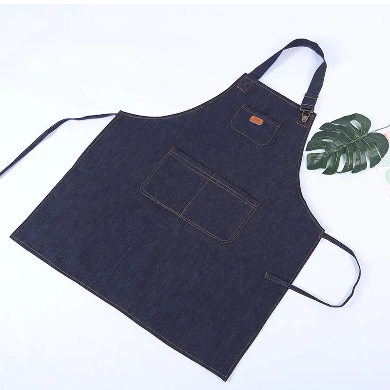 Tablier de cuisine unisexe en denim réglable pour homme et femme avec poche pour chef, cuisine, pâtisserie, nettoyage de la maison