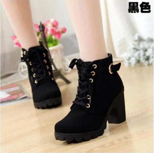 Botines de tacón alto con cordones para mujer – Diseño de plataforma con hebilla de moda