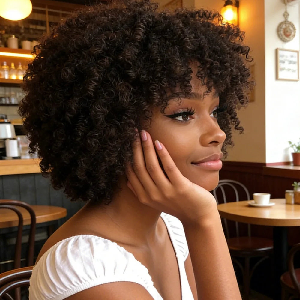 Synthetic Afro Kinky Curly Hair Wigs With Bangs Soft Fluffy Fiber Cheap Machine Made Wig  For Women Party Cosplay Daily Use