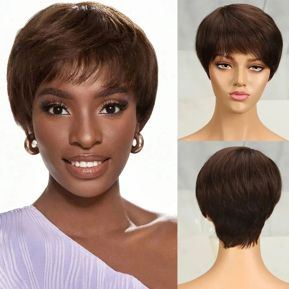 99J Burgundy Short Pixie Cut Wig Human Hair Brazilian 100% Human Hair Pixie Wig with Bangs for Women Full Machine Wigs