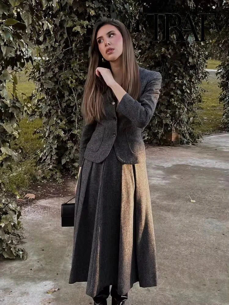 TRAF Women Fashion Casual Commuter Suit Skirt Suit Autumn and Winter Single-breasted Suit Jacket High-waisted A-line Skirt Suit