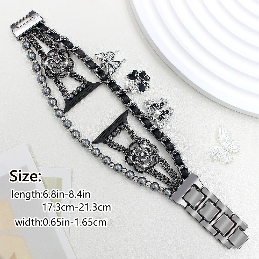 Metal Strap For Apple Watch Band Series876 SE54Ultra Women Jewelry Bracelet Chain IWatch 49mm 45mm 41mm 40mm 38 44mm Peal Wrist