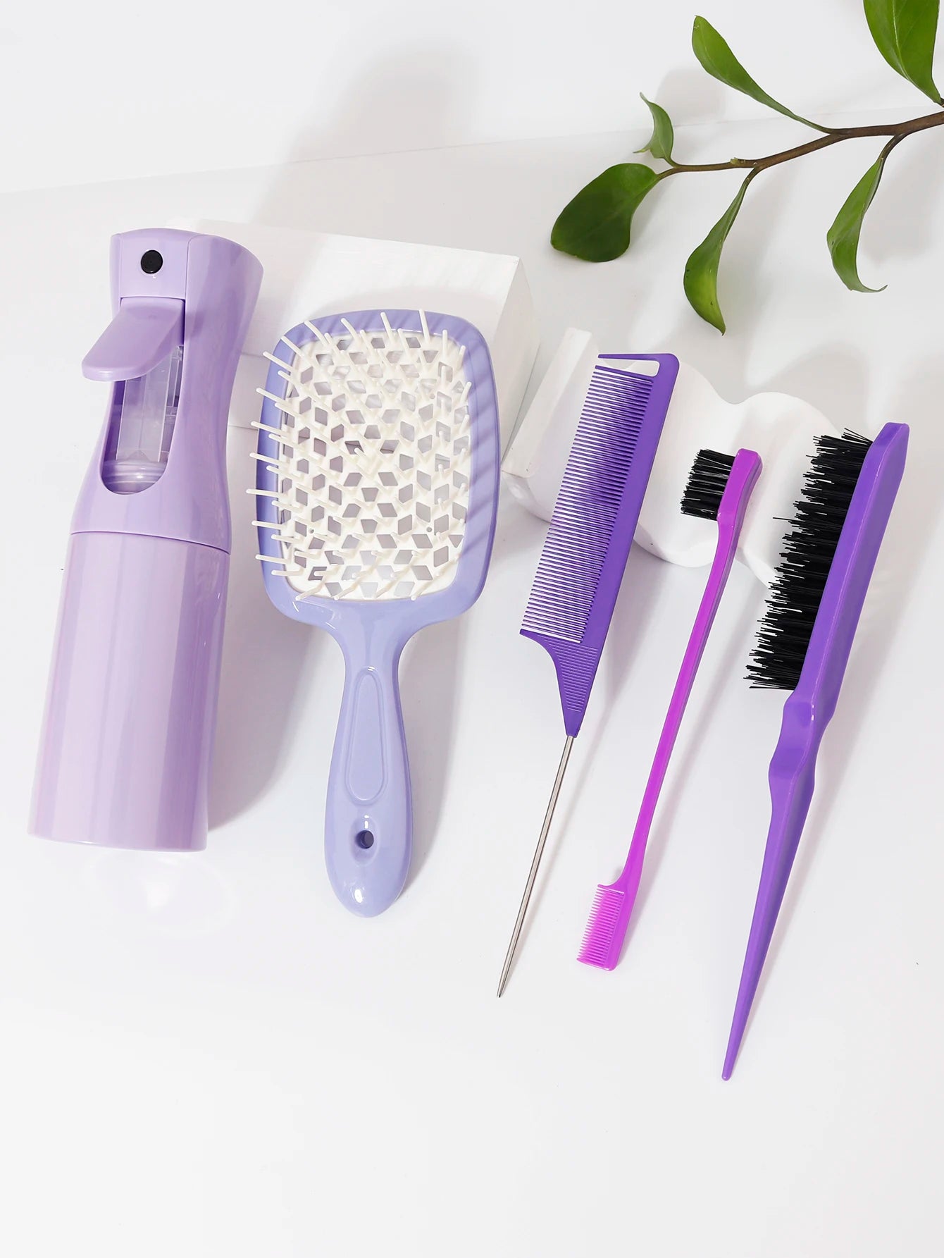 5 pieces/set of hair tool set, hollow comb, rat tail comb, tease comb, edge control comb, hair spray bottle