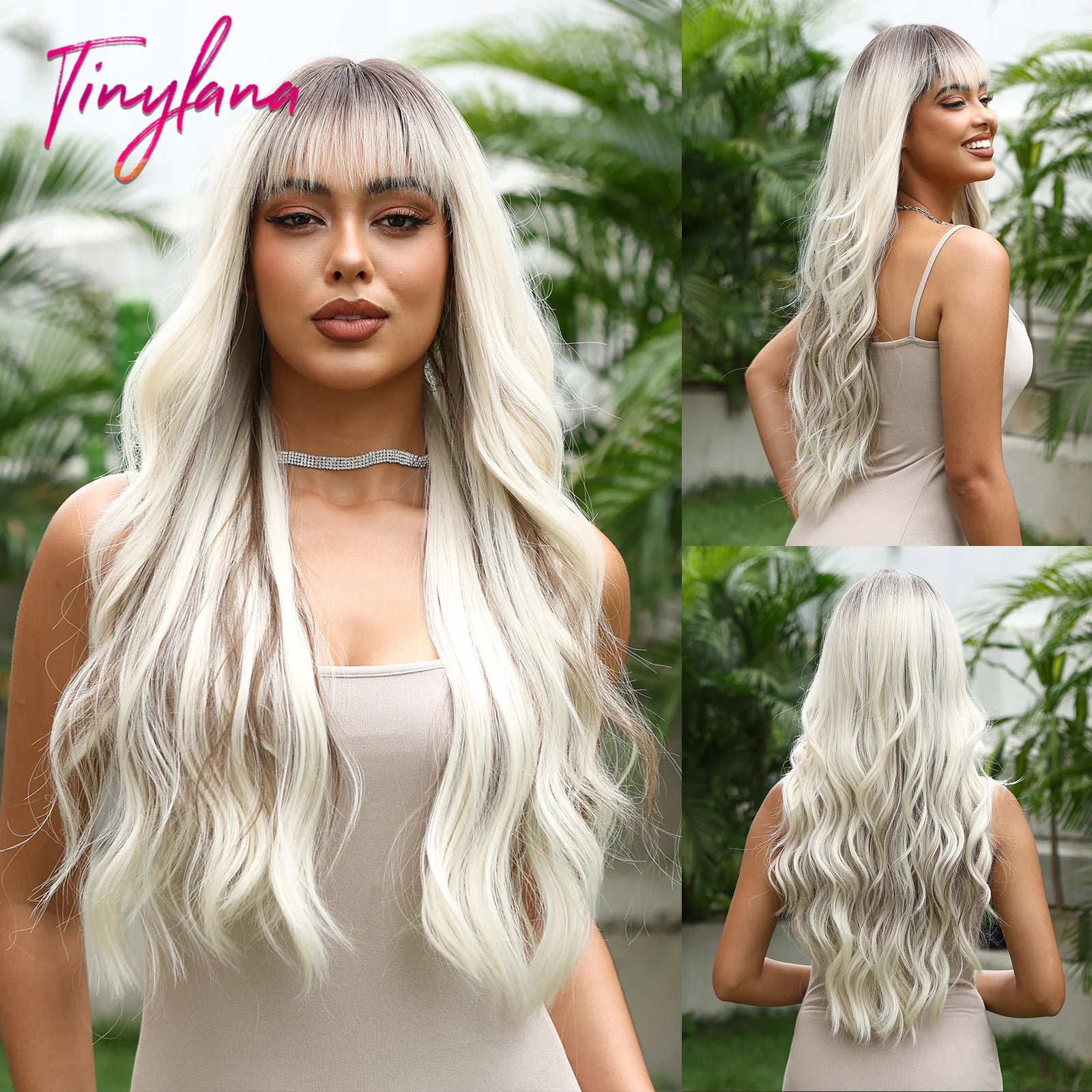 Perruques synthétiques longues et bouclées blanc platine avec frange pour femmes, perruque ondulée Afro Cosplay Lolita, cheveux naturels résistants à la chaleur, pour usage quotidien