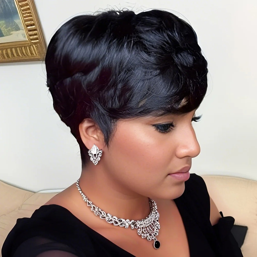 Short Pixie Cut Human Hair Wig – Layered Wavy Style with Bangs