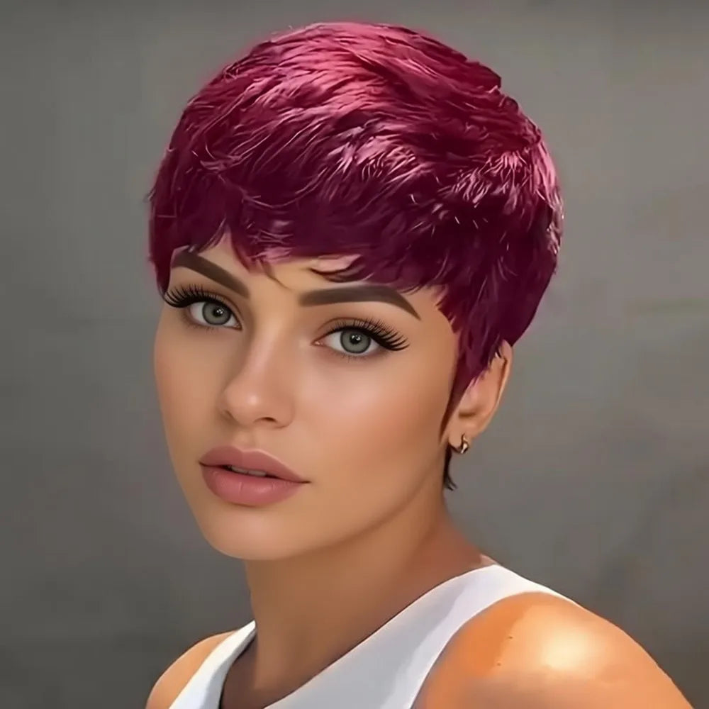 pixie wig short machine made 6Inch black orange 99j Women'S Chic Retro short straight Pixie Cut human human hair Wig