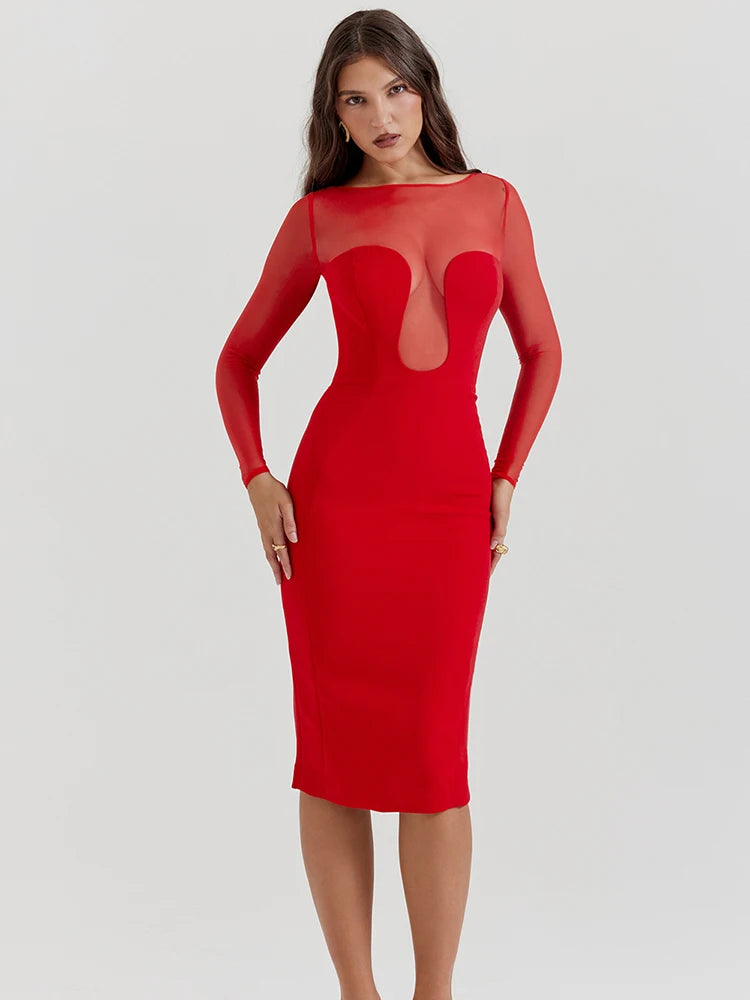Articat Sexy Mesh Patchwork Christmas Red Dress Women Long Sleeve Bodycon Perspective Evening Dress Elegant Party Club Vestidos