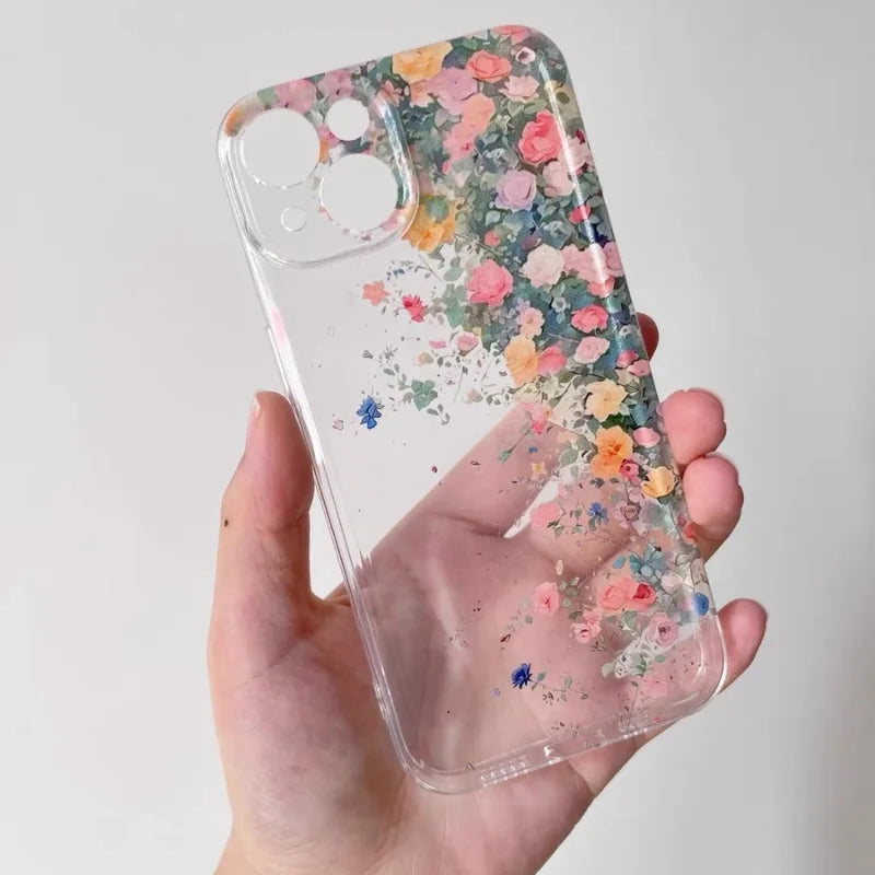 Flower Transparent Phone Case For iPhone 16 15 13 14 12 11 Pro Max Cases 15 14 16 Plus  Soft Shockproof Clear Protection Cover