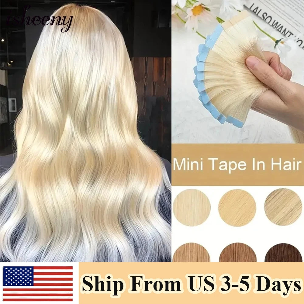 Isheeny 12"-24" Mini Tape Hair Extensions Machine Remy Human Hair Adhesive Tape In Human Hair Natural Straight 10pcs/pack