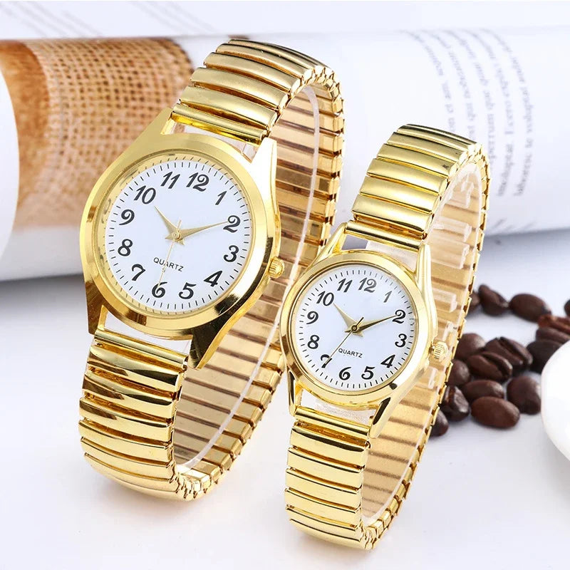 Relojes de pulsera para hombre y mujer, correa de acero inoxidable, aleación, para amantes, movimiento de cuarzo, correa elástica