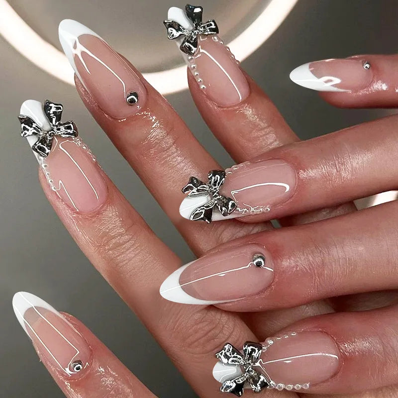 24Pcs Sweet Cool French Press on Nails Almond Acrylic False Nails Cute Cherry Bowknot Fake Nails with Pearl Glitter Diamond Nail