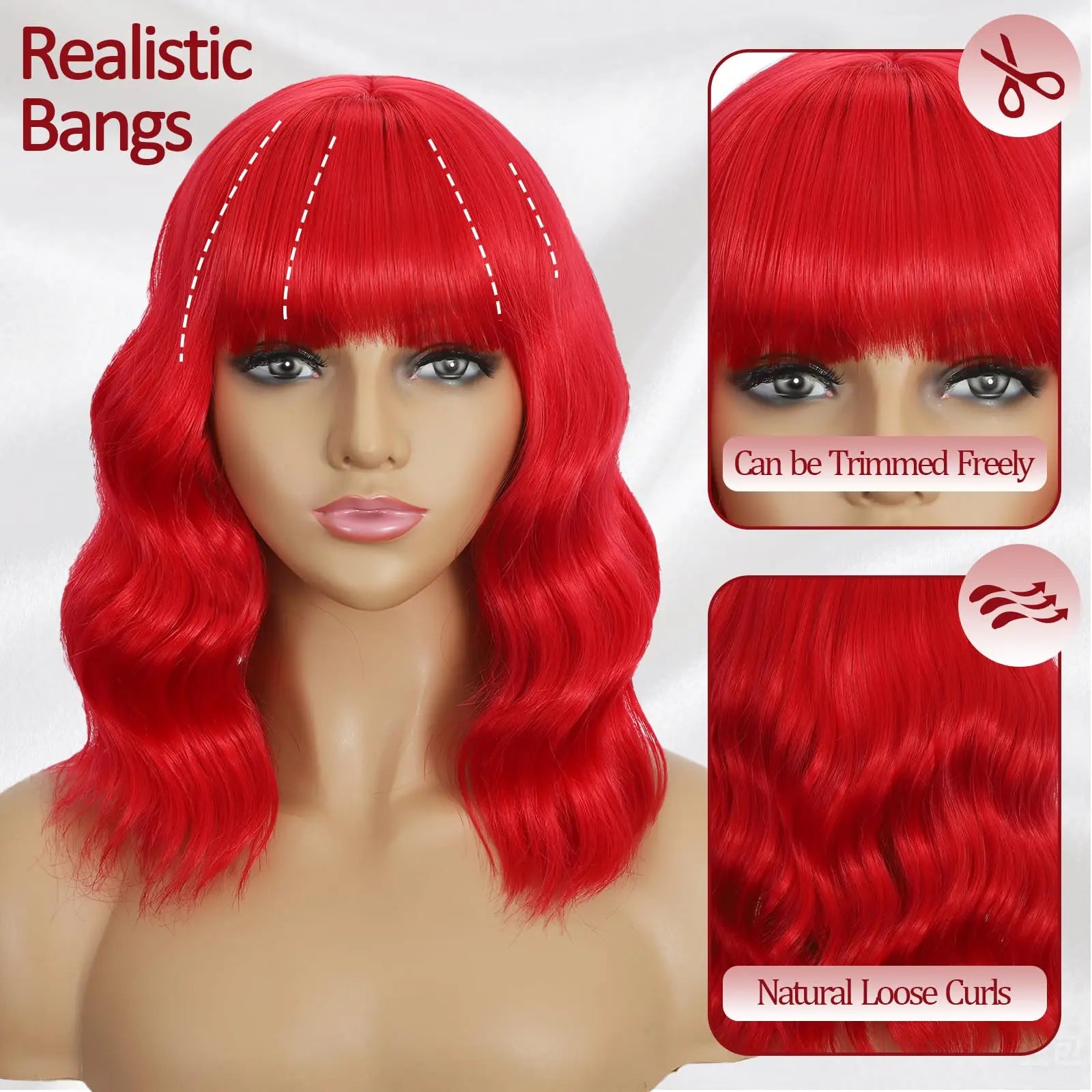 Red Wavy Wigs with Bangs Women’s Short Red Bob Wig Synthetic Natural Looking Heat Resistant Fiber Hair