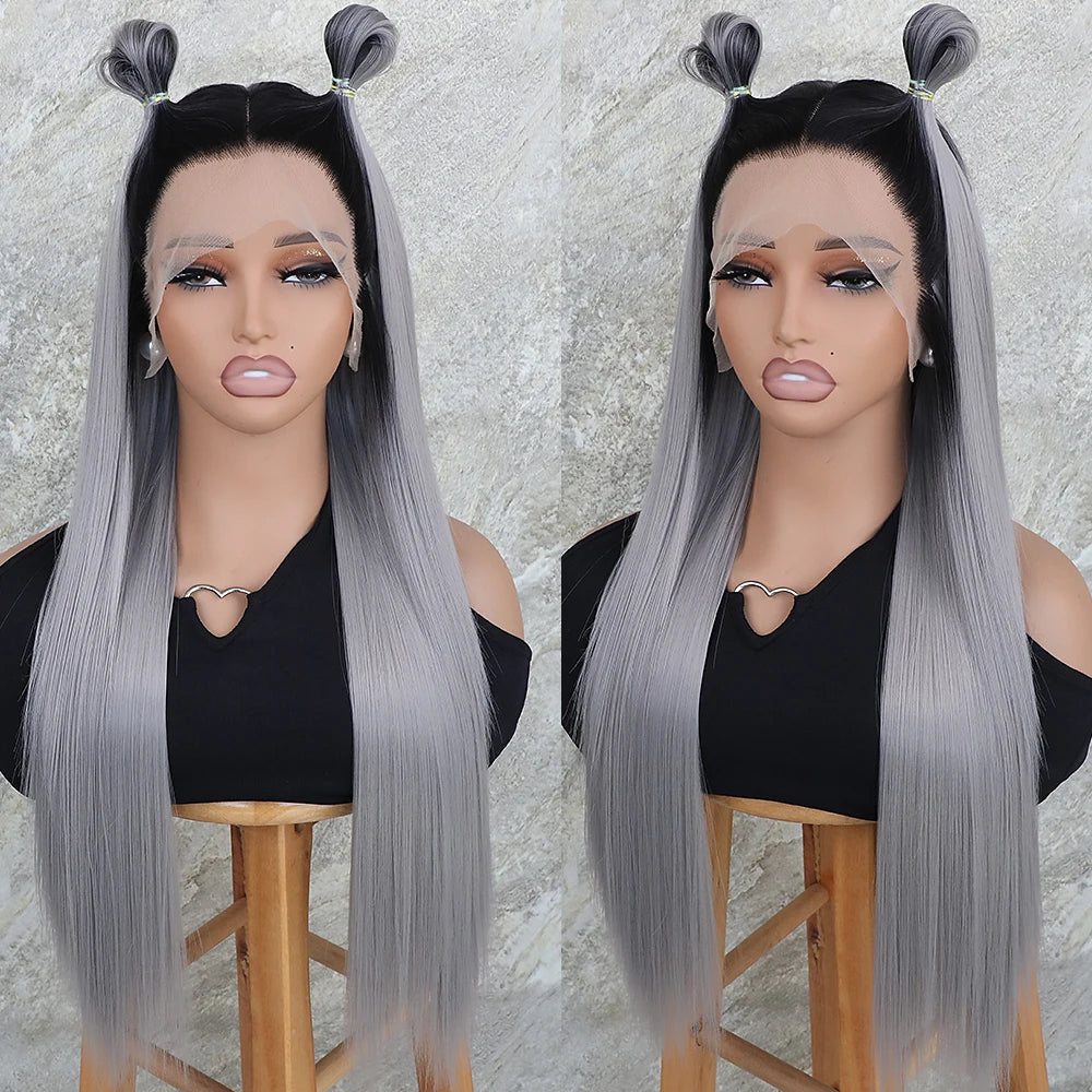 Dark Roots Gray Color Lace Front Wig 13x4 Free Part Long Straight Hair Synthetic Wigs Ombre Grey Pre Plucked Hairline Heat Safe