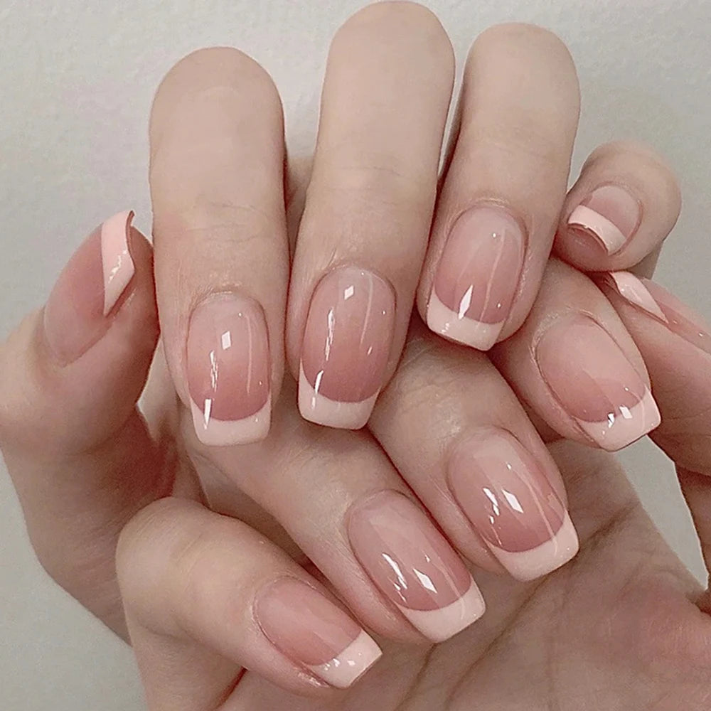 White French False Nails Nude Color Sweet Press on Nails Almond Full Cover Fake Nails Finished Fingernails Art for Bride Wedding
